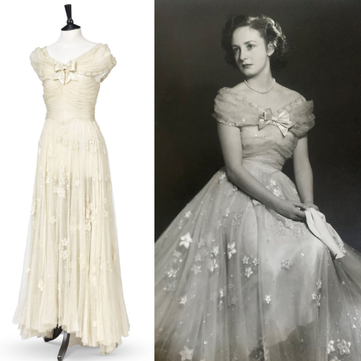 vickyhaddock's tweet image. Princess Elizabeth wed Philip Mountbatten #OnThisDay in 1947. Sir Norman Hartnell designed the eight bridesmaid&apos;s dresses of ivory tulle, featuring a deep fichu of pearl-spotted tulle and appliqué satin flowers. Lady Elizabeth Lambart wore this dress @ChristiesInc #fashionhistory