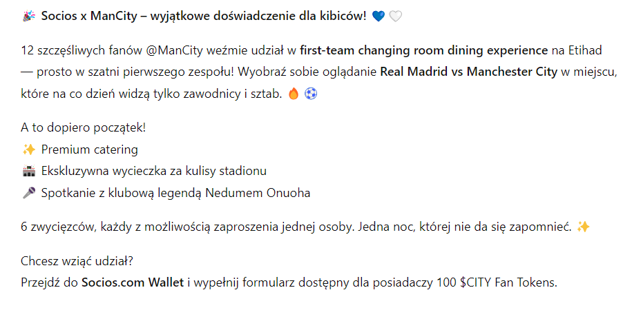 ChilizPoland's tweet image. 🎉 Socios x ManCity! 💙🤍

12 fanów @ManCity przeżyje wyjątkowe dining experience w szatni pierwszego zespołu i obejrzy tam mecz Real Madrid vs Man City. 🔥⚽

Weź udział przez Socios.com Wallet — potrzebujesz 100 $CITY.

#Socios $CITY