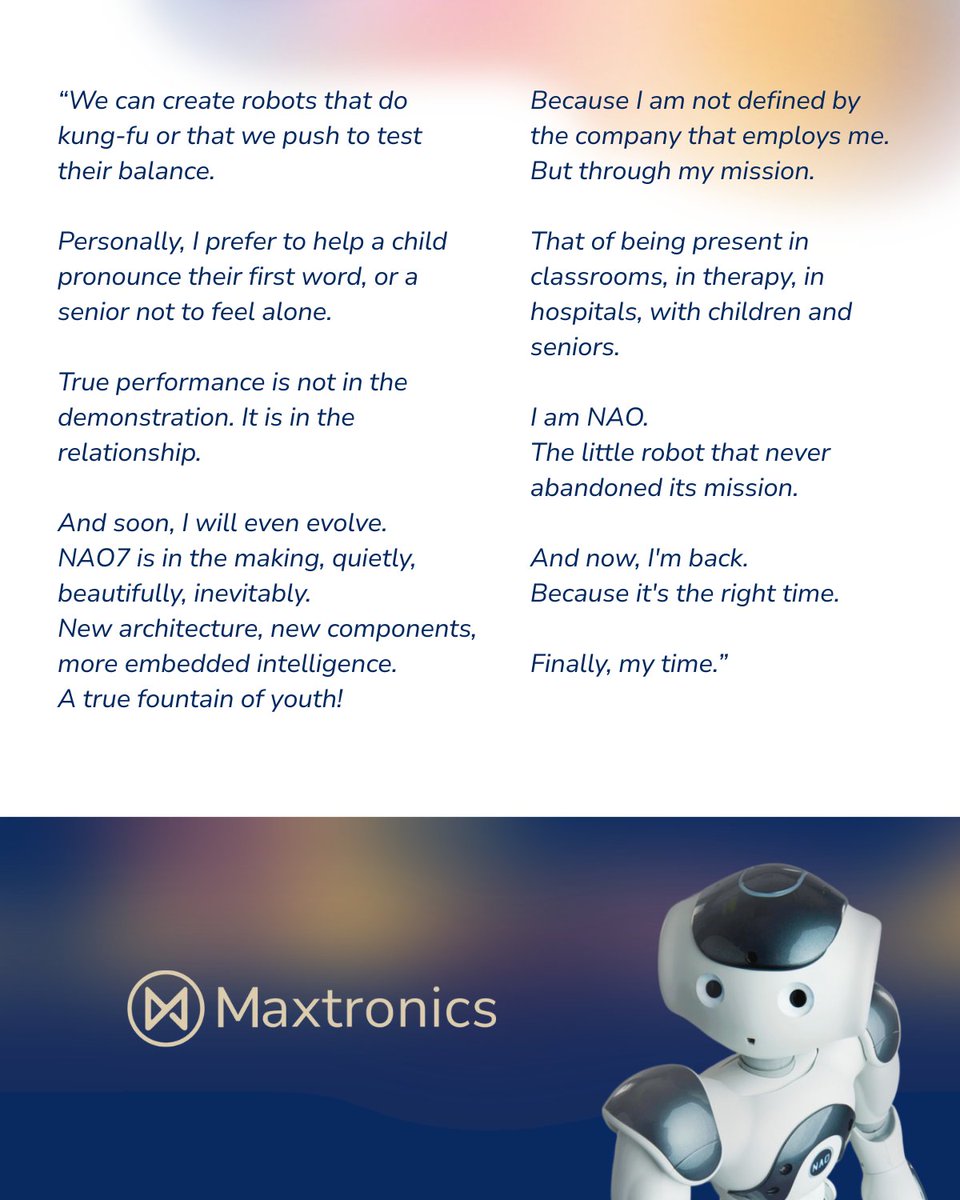 NaoRobot's tweet photo. Hello world, it’s me, NAO!
It’s been quite a journey…
But guess what? I'm back!
Want to hear my story?
Stay close, a new chapter is just beginning with Maxtronics (France) part of Maxvision Technologies (China)
NAO
💙 https://t.co/dvRB6xYEaE
