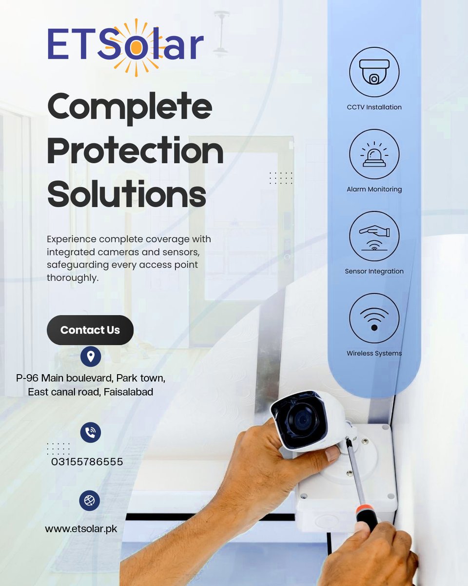 electrotechpk's tweet photo. ETSolar – Complete Protection Solutions
Secure your home &amp; business with advanced CCTV, alarm monitoring, sensor integration, and wireless security systems.
Professional installation. Reliable protection. Smart technology.
📍 Faisalabad
📞 0315-5786555
🌐 https://t.co/rsyBH7hLGC https://t.co/amoxyi4naM