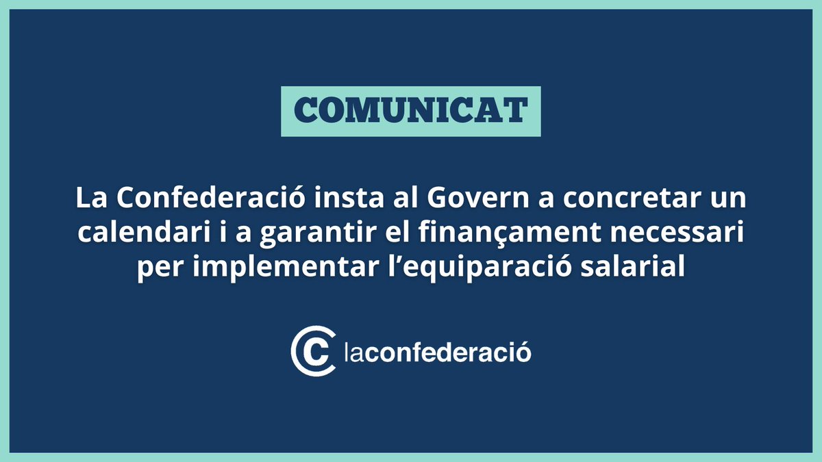 LaConfederacio's tweet image. 📢 COMUNICAT

@LaConfederacio insta al Govern a concretar un calendari i a garantir el finançament necessari per implementar l’equiparació salarial.

🔗 Llegeix-lo a: tinyurl.com/3krhaftt