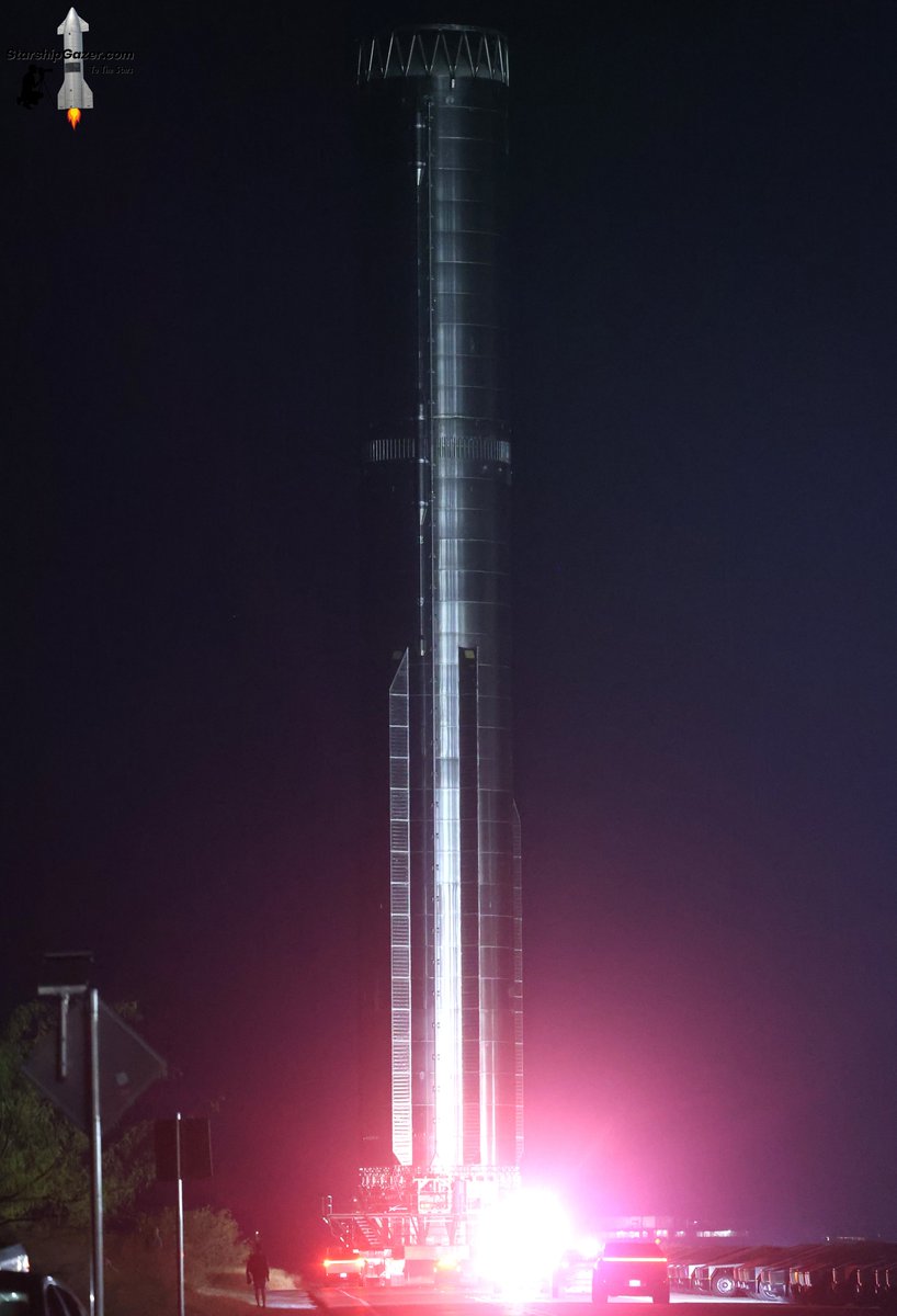 StarshipGazer's tweet image. Super heavy booster 18 on the road to Starbase Massey&apos;s test site for initial cryo proof testing. This is the first next gen V3 booster and will launch on Starship test flight 12 as soon as January 2026.

11/20/25