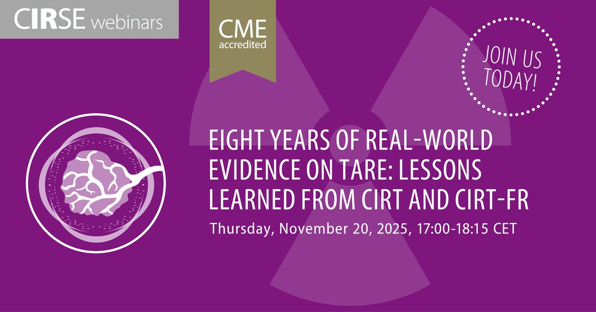 cirsesociety's tweet photo. Free webinar: Eight years of real-world evidence on TARE
📌 November 20, 2025, 17:00-18:15 CET
📄 Programme: https://t.co/8ODajoCS9f
✔️ Access the webinar: https://t.co/frmc5MmDTR
#InterventionalRadiology #IRad #CIRSEwebinar #radioembolization https://t.co/1E9SoTXcAj