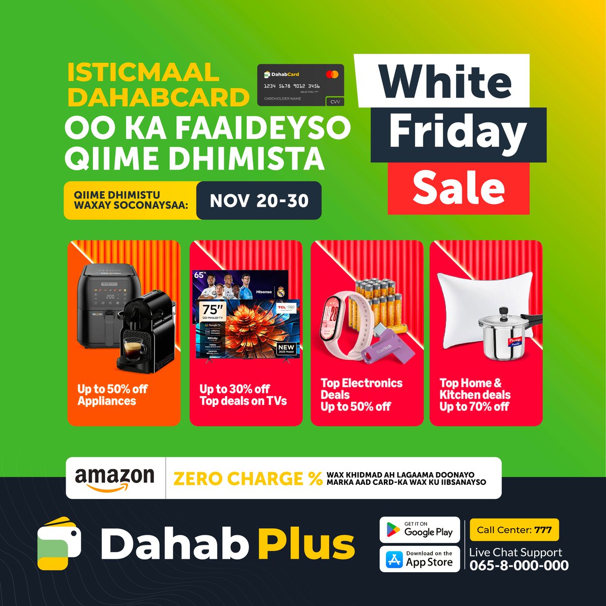 DahabPlusApp's tweet image. Isticmaal kaadhkaaga DahabCard oo ka faa’iideyso qiimo dhimista sanadlaha ah ee White Friday.

NB* Wax khidmad ah lagaama goosanayo marka aad DahabCard wax ku iibsanayso - Zero Charge

Si fudud oo ammaan ah ugu dukaamayso DahabCard 💳✨

#dahabplus #dahabcard #dahabshiil…