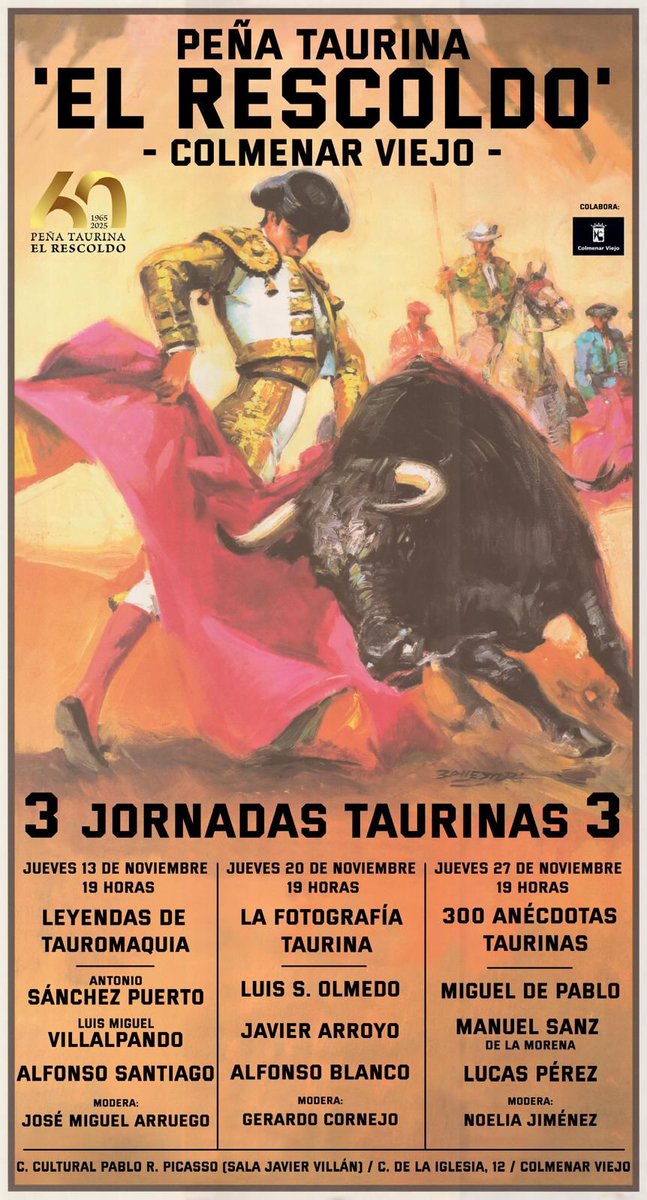 HOY 👉 JUEVES, 20 DE NOVIEMBRE 19:00 H. COLOQUIO ‘LA FOTOGRAFÍA TAURINA’ Intervendrán: Luis Sánchez Olmedo, Javier Arroyo y Alfonso Blanco. Modera: Gerardo Cornejo.
<a href="/LSOlmedo/">Luis Sánchez Olmedo</a>
<a href="/Javier_Arroyo/">Javier Arroyo</a>
<a href="/alfonsoblcr/">Alfonso Blanco</a>
<a href="/G_Arru/">G Perrin</a>