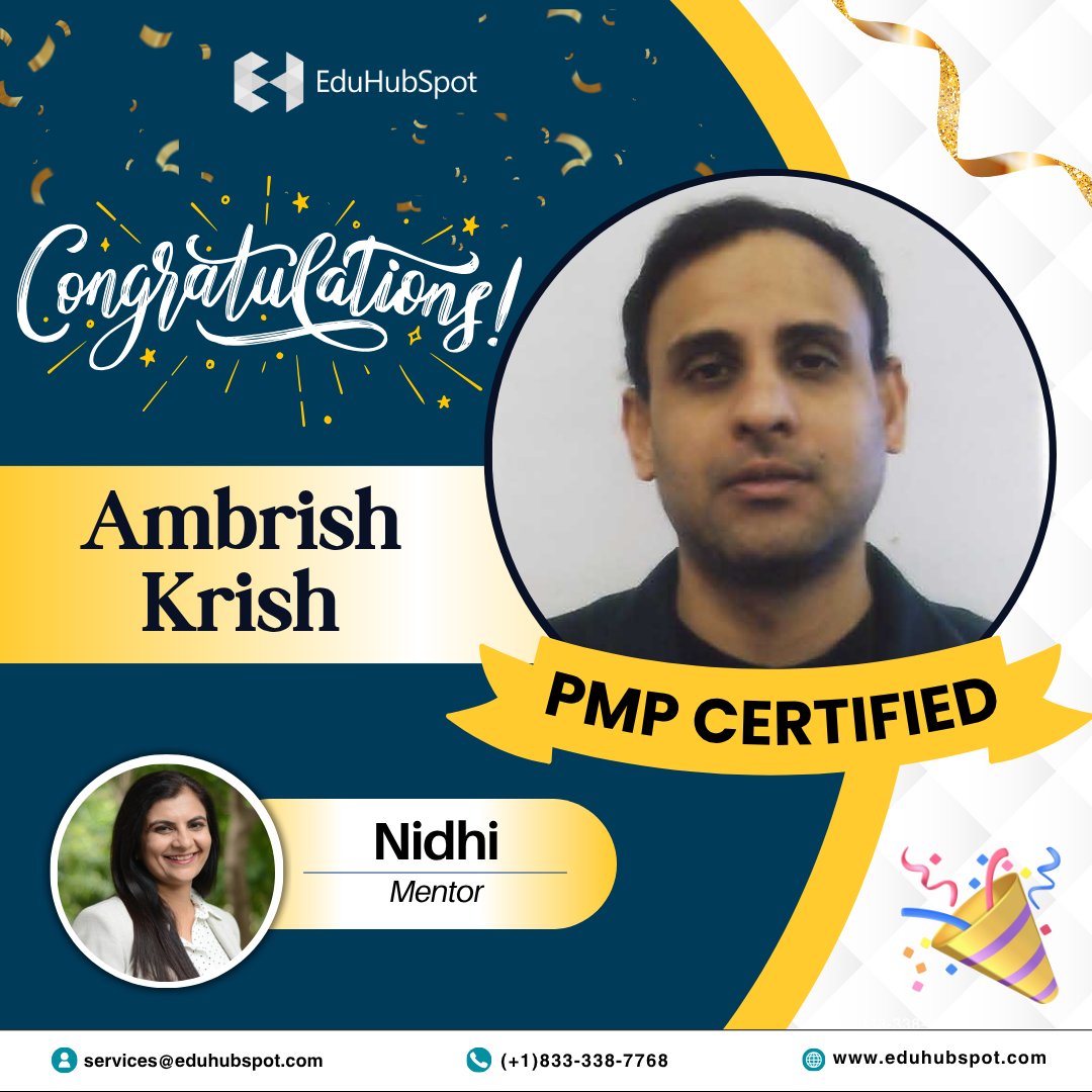 eduhubspot's tweet image. #SpotYourSuccess 🏆
 Congratulations on achieving your PMP Certification, Ambrish Krish! You have achieved a major milestone and we wish you to continue to excel in your career and reach for even greater heights.
 
 Mentored by : Nidhi Kohli
 
 eduhubspot.com