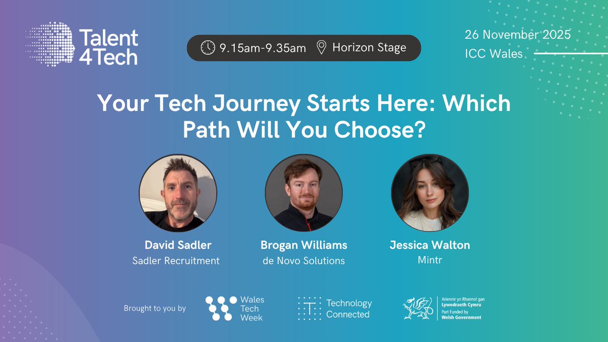 WalesTechWeek's tweet image. ✨SESSION SPOTLIGHT✨

Degrees, apprenticeships, bootcamps, self-teaching… there’s no single way into tech - but the right path for you is out there. Join an inspiring panel from @SadlerRec, @deNovoSolutions and Mintr. 

Register for #Talent4Tech now: walestechweek.com