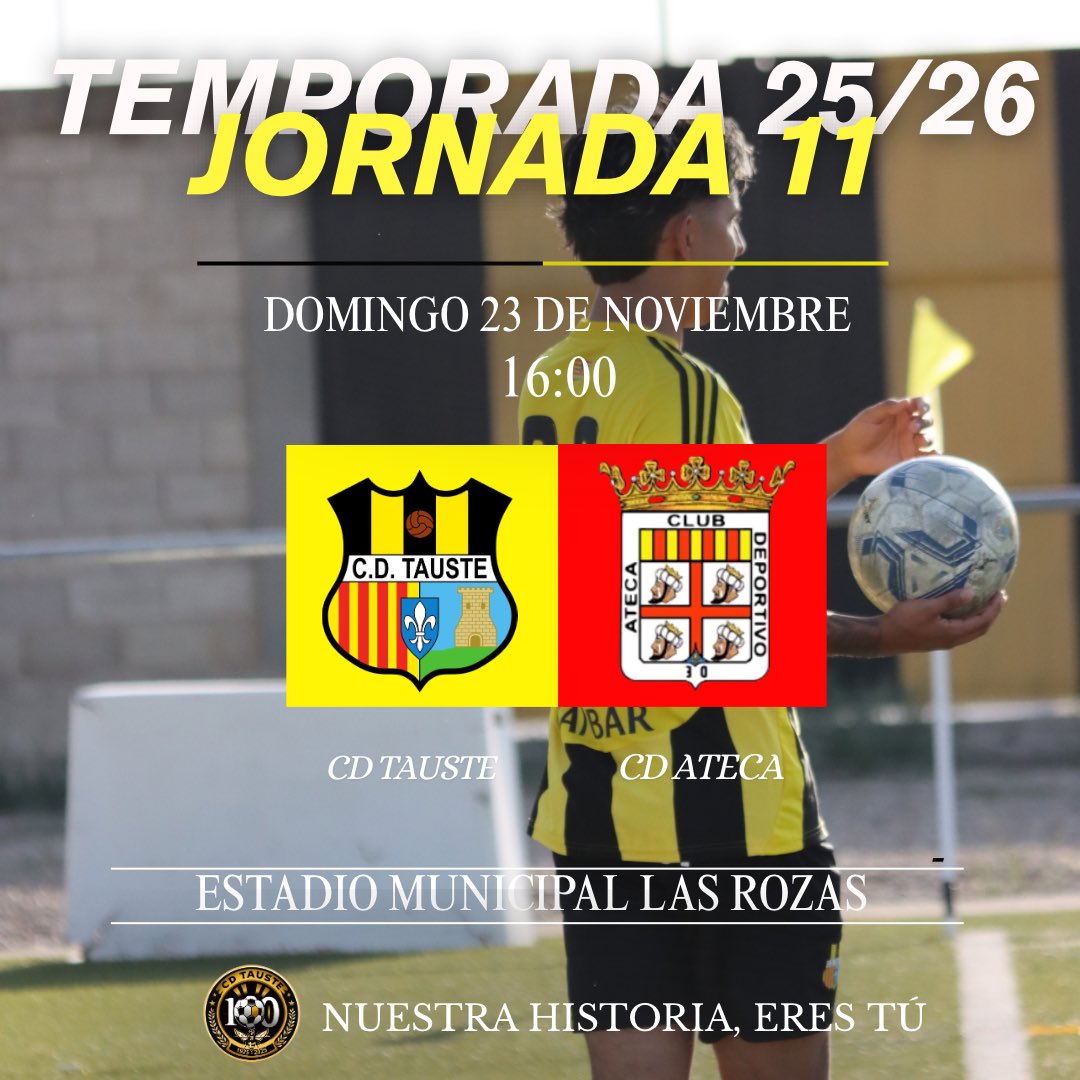 JORNADA 11⚽️

Este domingo volvemos a Las Rozas💪🏼

Tras la victoria en Epila, el equipo quiere volver a sumar de tres en casa y con nuestra gente. Recibiremos al Ateca, que tras tres victorias consecutivas se situa en la séptima posición.

Nos vemos el domingo😃

Aupa el Tauste🐝
