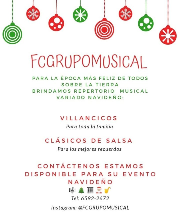 Estamos a su única y entera disposición para alegrar musicalmente su fiesta navideña.
Consúltenos ya que tenemos diversas opciones para su evento.
A sus órdenes en el
6592-2672
Con gusto visiten nuestro
IG @FCGRUPOMUSICAL