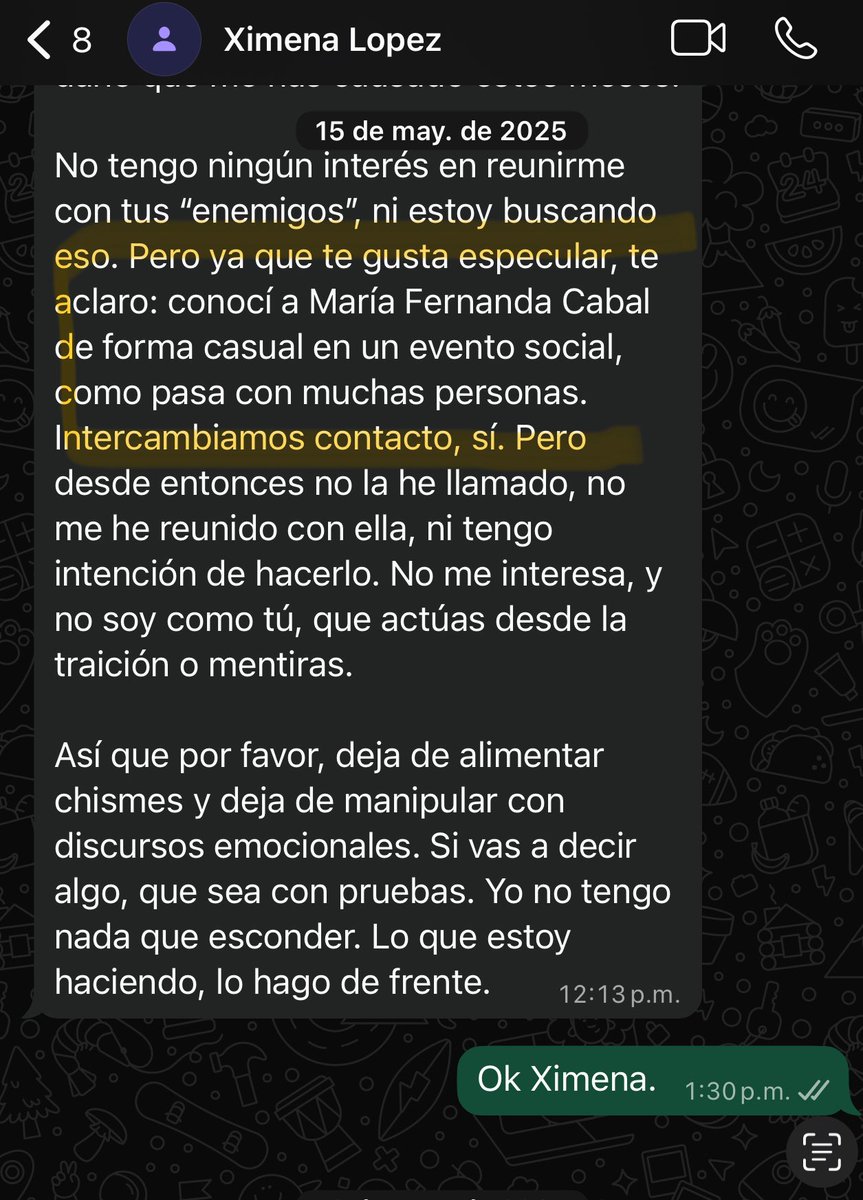 Senadora, por qué se reunió con Ximena López hace 6 meses? Por qué intercambiaron números telefónicos? Por qué no denunció estos hechos en ese momento? Por qué se reunió con familiares de Ximena? Sabía usted que ella me exigió 5 mil millones a cambio de buscar a mis enemigos?
