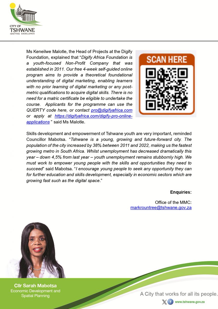 <a href="/CityTshwane/">City of Tshwane</a> youth, here’s your chance to level up your digital skills this Entrepreneurship Month.

<a href="/DigifyAfrica/">Digify Africa</a> is offering a free 4-week online digital marketing training programme for anyone aged 18–35, helping you prepare for opportunities in the digital economy.