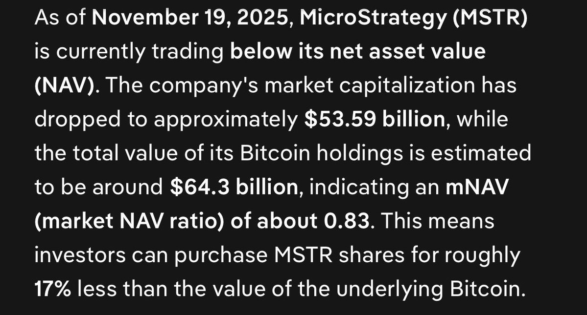 hiksov's tweet image. $MSTR current NAV premium is at 0.83 right now. That means you are getting #BTC for a price of ~ $76,200 per #Bitcoin when you buy their shares versus buying open spot. Don’t be stupid and miss this #opportunity for a 17% discount.