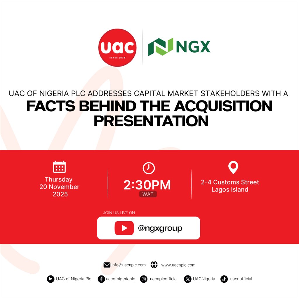 It’s today! 

UAC of Nigeria Plc is set to address capital market stakeholders!

Join us for a Facts Behind the Acquisition presentation hosted in collaboration with the Nigerian Exchange <a href="/ngxgrp/">Nigerian Exchange Group</a> 

▶️ Watch live on YouTube: youtube.com/@ngxgroup?si=L…

#uacnplcofficial #ngx