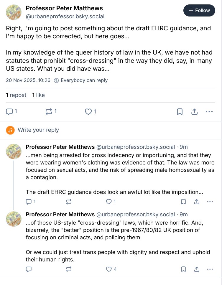 Of course he's at <a href="/StirUni/">University of Stirling</a>! We're happy to correct him - can the uni pass it on?

The guidance IS NOT ABOUT CLOTHES. It says that a bloke in a dress cannot go into the women's because we have eyes &amp; can see he's a man.

He's free to cross-dress without incident in the men's.