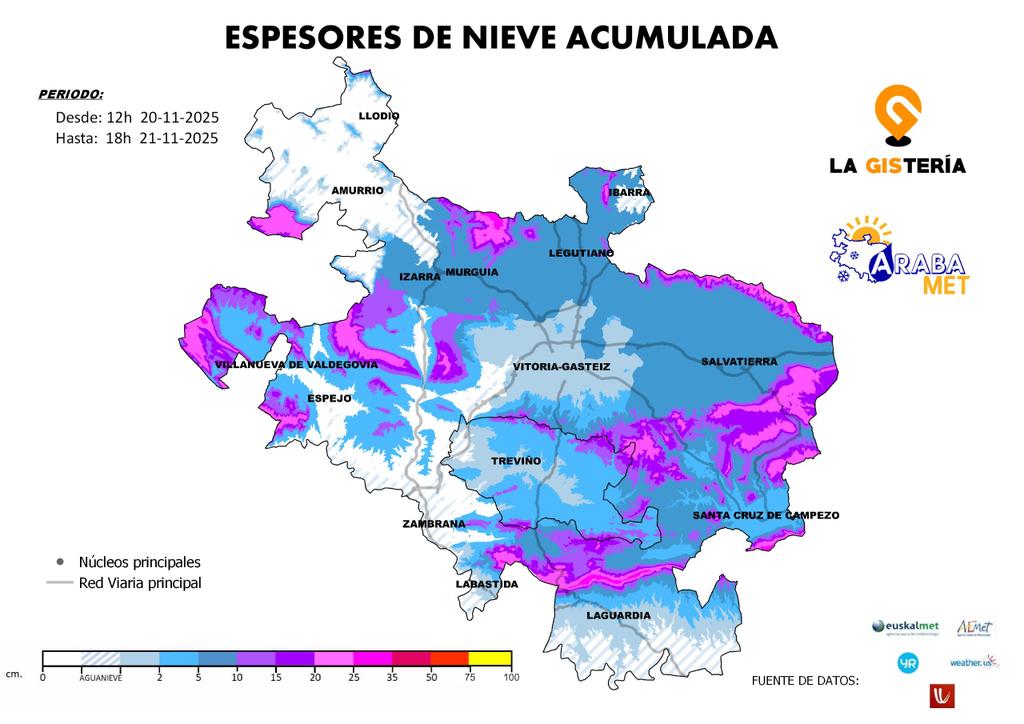 ℹ ❄ Mapa con los espesores de nieve más probables que pueden acumularse en #Álava entre hoy jueves 20 las 12h y mañana viernes 21 a las 18h. 
Gracias otra vez a <a href="/la_GISteria/">La GIStería</a> por su colaboración en la elaboración. 
#elurra