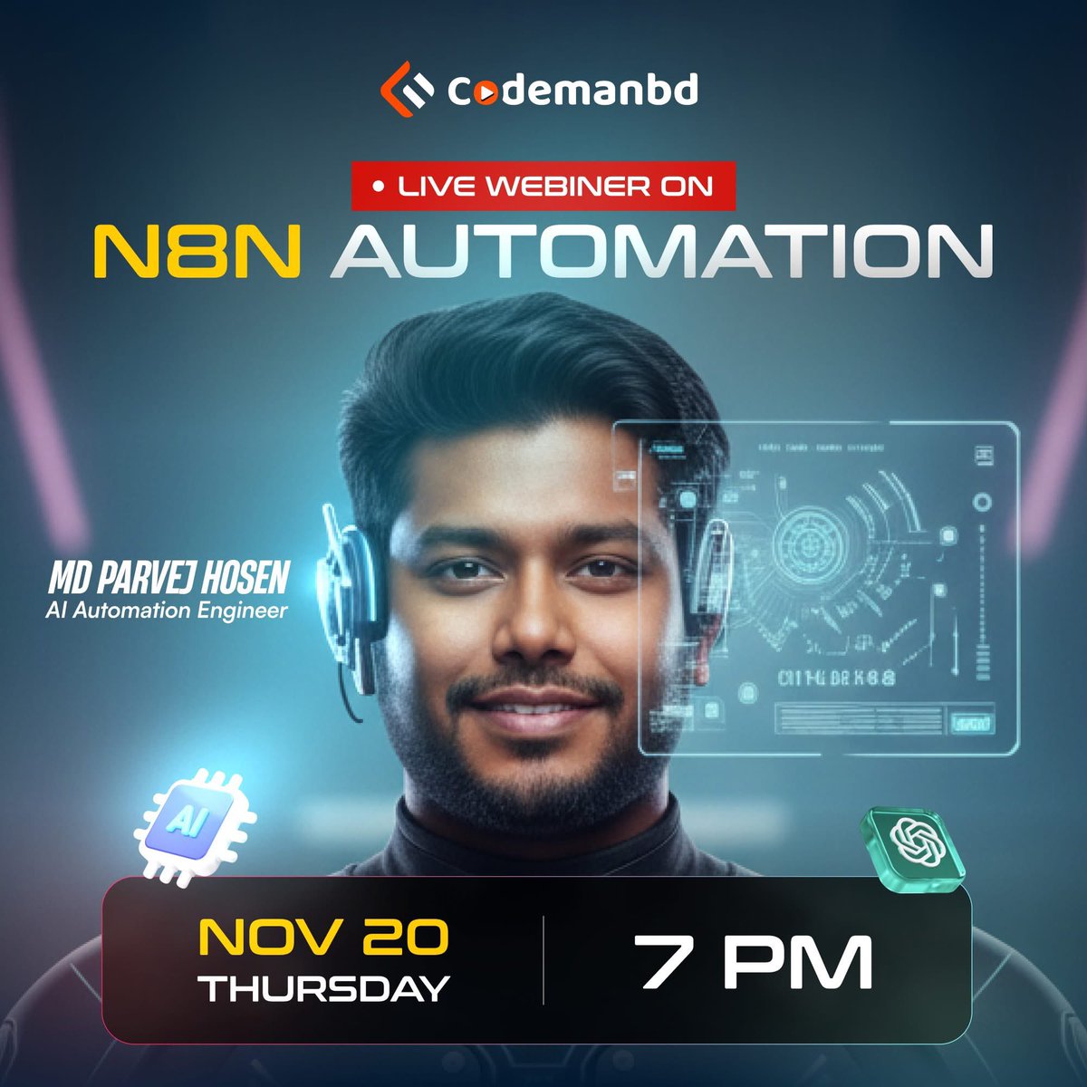 codemanbd's tweet image. আজ সন্ধ্যা ৭ টায় দেখা হচ্ছে লাইভ ওয়ার্কশপে - ট্রেন্ডি টপিক &quot;N8N অটোমেশন&quot; নিয়ে!! 
---
📌 গেস্ট হিসেবে সাথে থাকবেন Ai অটোমেশন ইঞ্জিনিয়ার Md Parvej Hosen !! চোখ রাখুন কোডম্যানবিডি ফেসবুক পেজ এ