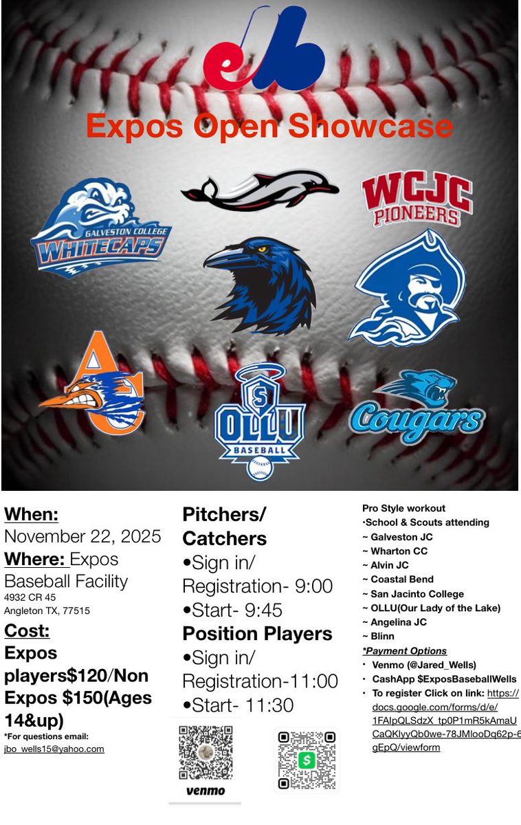 JWellsy15's tweet image. Showcase is still a Go. 
Will Keep Everyone Posted if Weather Hinders. 
Nov 22cd Open Showcase:
Cost: 
Expos $120
Non Expos $150
To register click link below:
docs.google.com/forms/d/e/1FAI…
Payment Options 
Venmo @Jared_Wells
CashApp $ExposBaseballWells
@baseball_expos  @ftrstarsseries