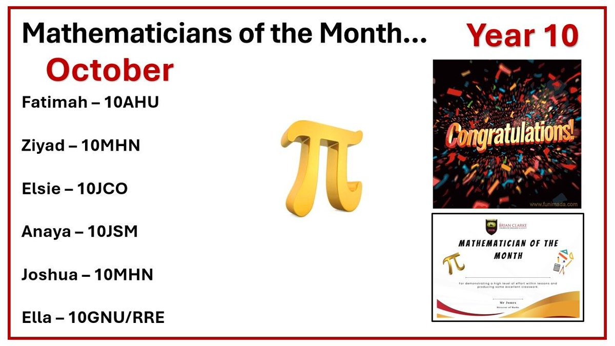 BrianClarkeAcad's tweet photo. Congratulations to all our students who have received the Mathematician of the Month Award for October! You might be next! Continue putting in the effort! https://t.co/9CmhcdMvIh