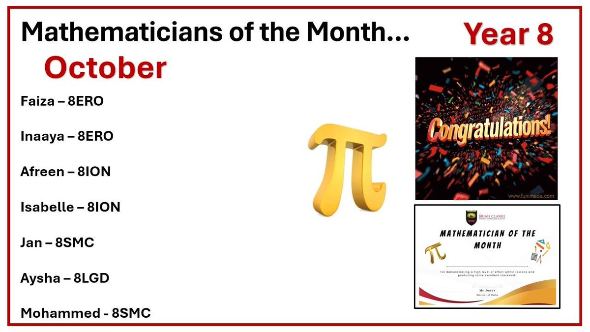 BrianClarkeAcad's tweet photo. Congratulations to all our students who have received the Mathematician of the Month Award for October! You might be next! Continue putting in the effort! https://t.co/9CmhcdMvIh