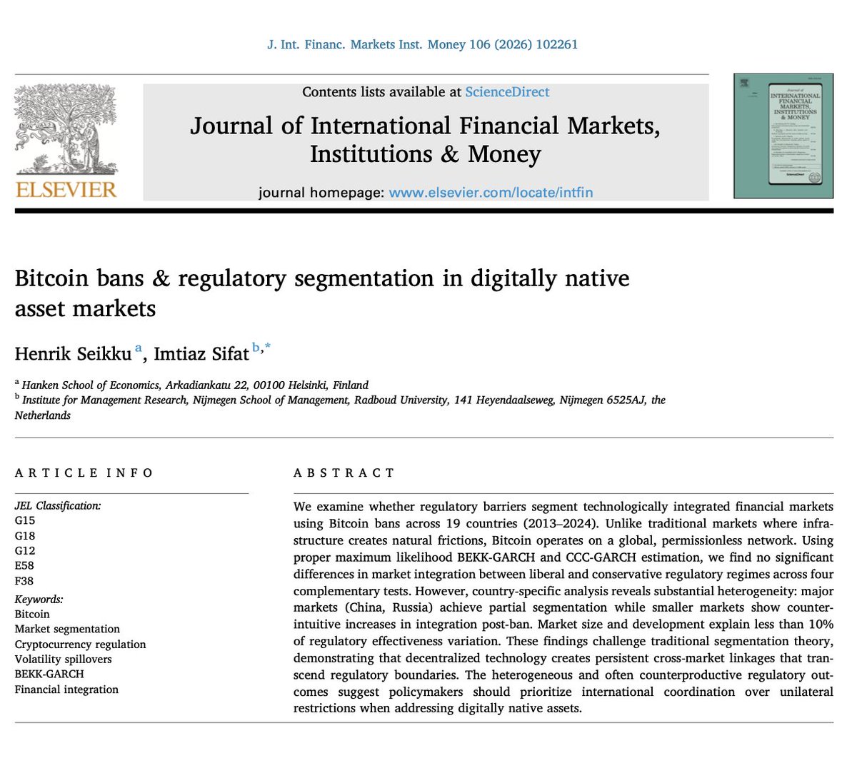 JanWues's tweet photo. You Can't Ban Math: Research Shows Bitcoin Prohibition Fails

New research by Seikku and Sifat from Hanken School of Economics and Radboud University examines the effects of Bitcoin bans by analyzing 19 countries between 2013 and 2024.

They compare nations with Bitcoin bans to those with more liberal regulatory approaches.

The finding? Bitcoin bans don't work and sometimes backfire spectacularly.

The authors exploit a "natural experiment" with staggered Bitcoin bans across countries such as China, Russia, India, Morocco, and Nigeria. They employed BEKK- and CCC-GARCH models to test if bans segment markets.

Three critical insights:

1. Limited Regulatory Impact:

Although market integration showed statistical significance, Bitcoin bans had little economic impact. Bitcoin-stock correlations dropped by just 0.05 post-ban, far less than the usual 0.20 to 0.30 drops seen with traditional capital controls.

As the authors put it: "Decentralized technology creates persistent cross-market linkages that transcend regulatory boundaries."

You can ban the on-ramps, but you can't ban the network.

2. Heterogeneous Market Responses:

Major markets (China, Russia) achieve partial segmentation while smaller markets show counterintuitive increases in integration post-ban. Morocco and India showed increased correlations and spillovers while Turkey displayed higher correlations but reduced spillovers. Reflects complex regulatory effects.

Bans did not isolate these markets; in some cases, they made Bitcoin more connected.

3. Market Characteristics Do Not Predict Outcomes:

Market size and development explain less than 10 percent of regulatory effectiveness variation, challenging traditional regulatory theory. Conventional metrics fail to predict success in decentralized networks.

The paper concludes:

"The heterogeneous and often counterproductive regulatory outcomes suggest policymakers should prioritize international coordination over unilateral restrictions when addressing digitally native assets."

Unilateral Bitcoin bans are largely for show. Countries can declare Bitcoin illegal and shut down local exchanges, but they cannot stop the permissionless, global, 24/7 network that adapts around obstacles.

Before banning Bitcoin, countries should carefully study the data.

Over 11 years, bans have:

1.  Redistributed activity rather than eliminated it

2. Pushed users to less regulated channels

3. Encouraged technological workarounds like VPNs, decentralized exchanges, and P2P trading

4. Led to more volatility in smaller markets post-ban

Bitcoin operates on infrastructure fundamentally different from traditional finance.

It is a feature, not a bug.

You are not banning a company or product. You are trying to ban a protocol. Essentially, you are trying to ban math.

TL;DR:

Bitcoin bans create "heterogeneous and often counterproductive" outcomes. You can ban exchanges but you cannot ban Bitcoin. The network does not care about borders.