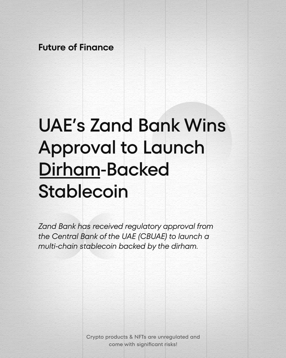 Zand Bank, an artificial intelligence (AI)-powered digital bank, has secured a critical regulatory approval from the Central Bank of the UAE (CBUAE) to launch Zand AED, a regulated and multi-chain dirham-backed stablecoin.

#zandbank #stablecoins #cryptouae