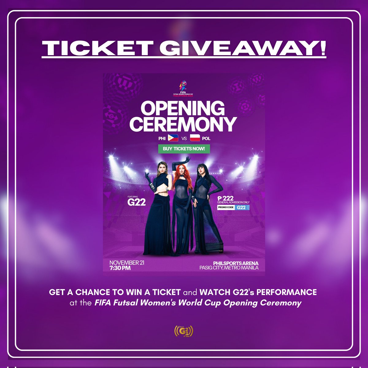 G22StreamVote_'s tweet photo. [TICKET GIVEAWAY!]

We’re giving away 2 FIFA tix for Bullets to support G22 tomorrow!🎉✨

We'll be accepting entries 'til 10 PM ONLY. Check out the mechanics! ⬇️

Bullets Channel: 🔗https://t.co/DzzlEPrsWQ

G22 ALBUM PRESAVE NOW
#G22TheFirstAlbum #BulletsTambayan https://t.co/V2vreiCogi