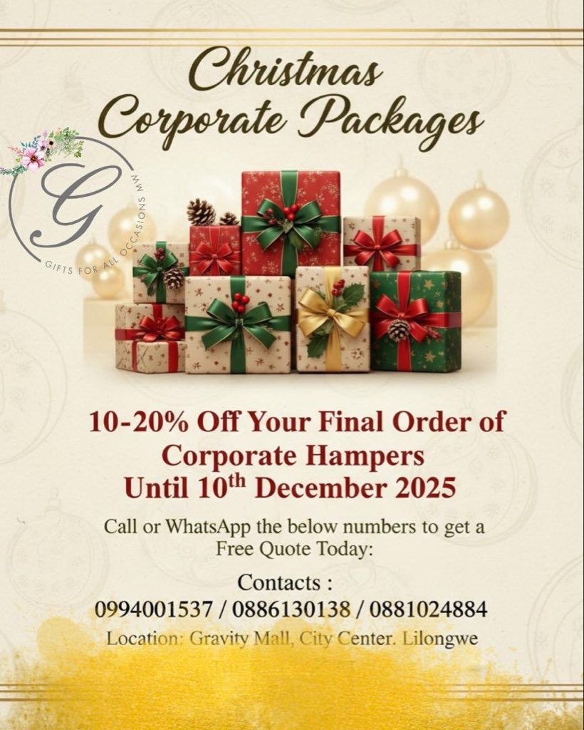 macjojo1's tweet image. Get between 10-20% Off for your cooperate Hampers orders before 10th December 2025 @Giftsforallocc1 
Available Lilongwe,Blantyre, Mzuzu 
Contact: 0886130138 or 0994001537 or 0881024884