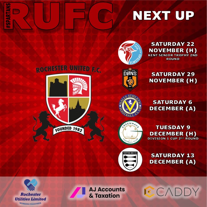 Rochesterutdfc's tweet image. Some big matches coming up starting at home to FC Elmstead this weekend. 

New fixture added on Tuesday 9 December - we&apos;ll be facing Greenways under the lights in the Division 1 cup. 

🔴⚫ #Spartans