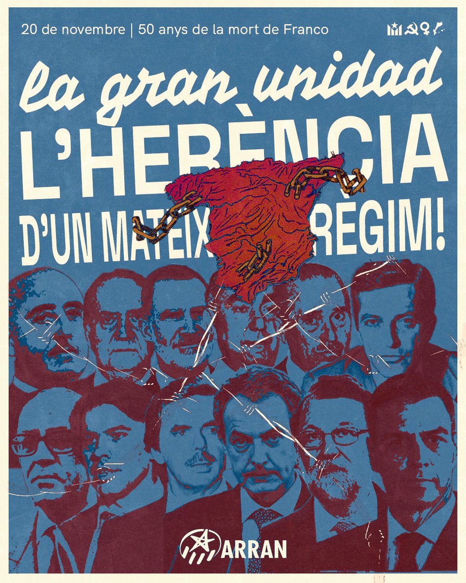 Arran_jovent's tweet image. El Règim del 78 no va ser cap ruptura: va ser el maquillatge d’un franquisme que va saber reciclar-se per mantenir intactes els privilegis. Les mateixes famílies, aparells repressius i concepció d’una gran unitat d’Espanya.

Trenquem l&apos;Estat Espanyol, construïm el nostre futur!🚩