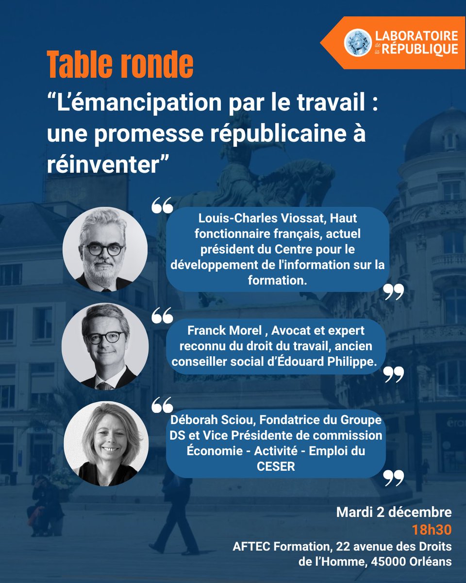 LabRepublique's tweet image. 📣“L’émancipation par le travail : une promesse républicaine à réinventer”

Le Laboratoire de la République organise une rencontre consacrée au rôle du travail dans l’émancipation individuelle et collective, et à la manière de réinventer cette promesse au regard des défis…