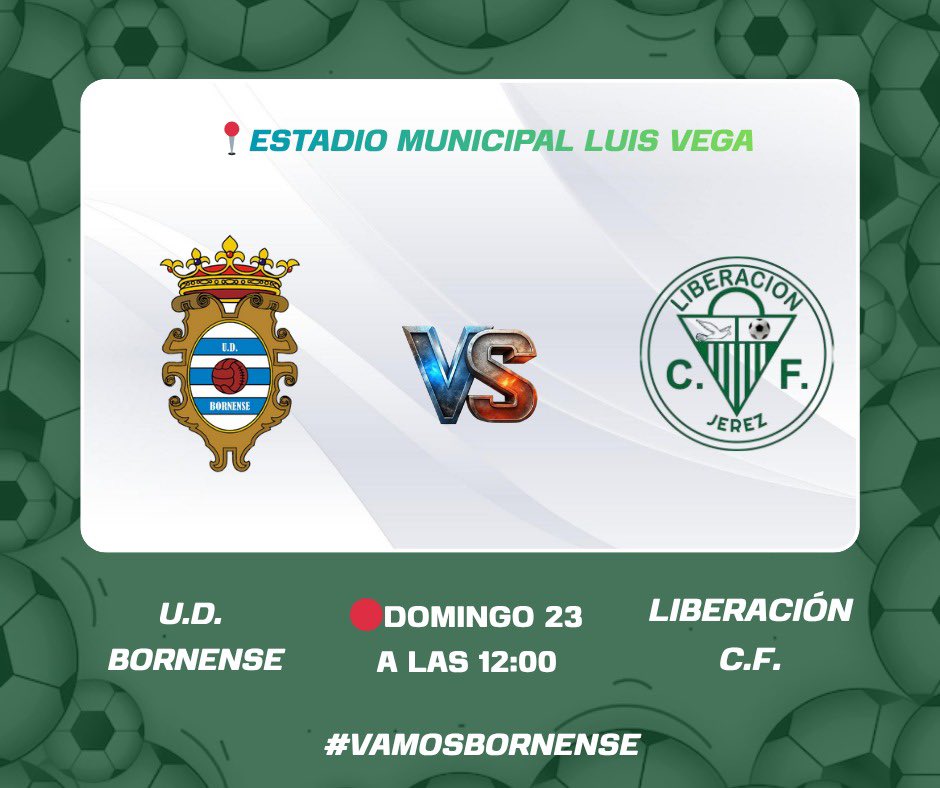 Este domingo a las 12:00 el estadio Luis Vega será el escenario de un emocionante encuentro entre U.D. Bornense y Liberación C.F.
Dos equipos entregados, una afición con ganas de vibrar y 90 minutos que prometen intensidad, esfuerzo y buen juego. #vamosbornense 💙🤍