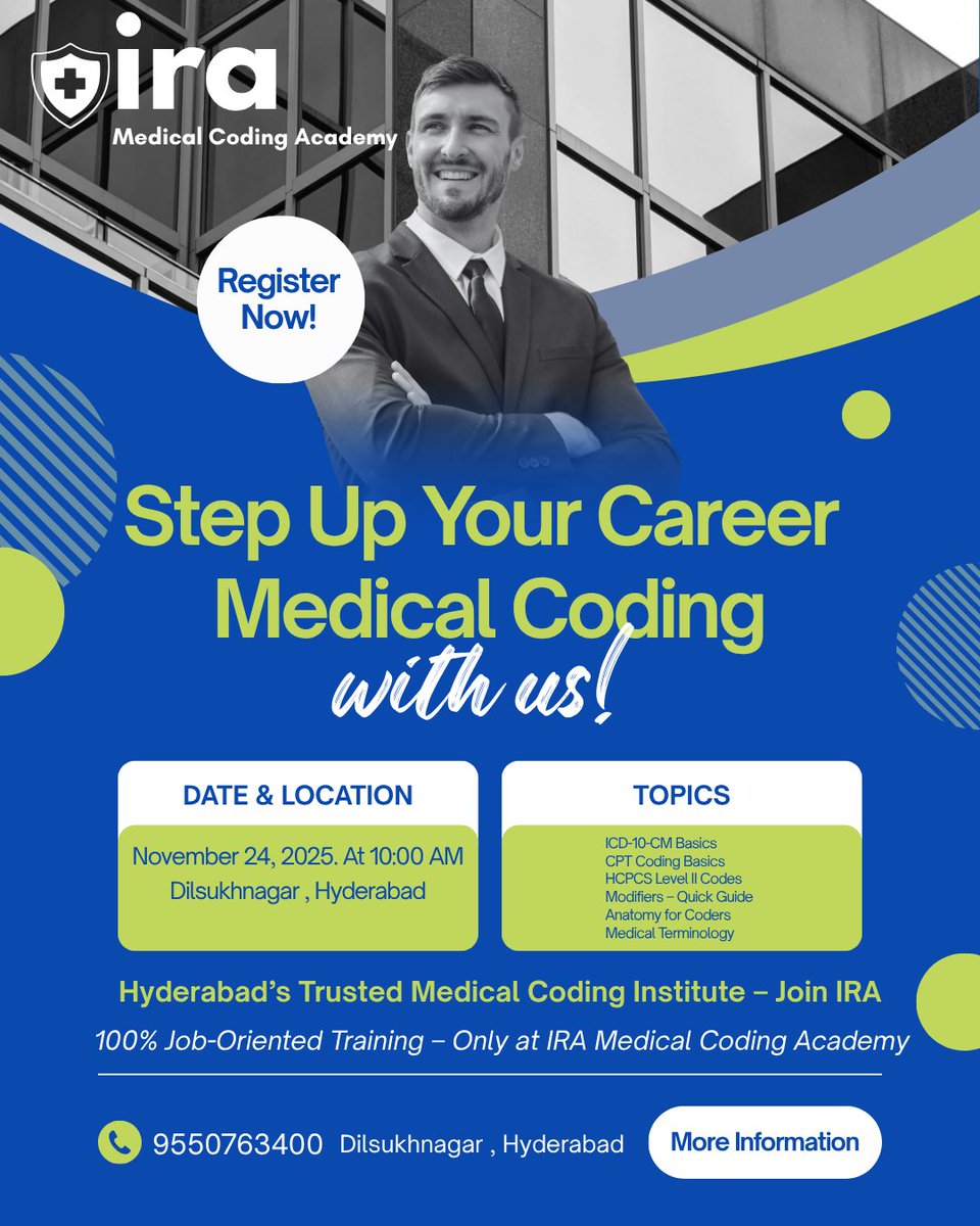 IraCoding's tweet image. ✨ “Join ⭐ IRA Medical Coding Academy ⭐ &amp;amp; Unlock Global Career Opportunities ✈️📚 | Dilsukhnagar, Hyderabad | 📞 9550763400”

#IRAMedicalCodingAcademy
#IRAMedicalCoding
#BestMedicalCodingInstitute
#MedicalCodingTraining
#Dilsukhnagar
#Hyderabad
#JoinIRAMedicalCoding
#Medical