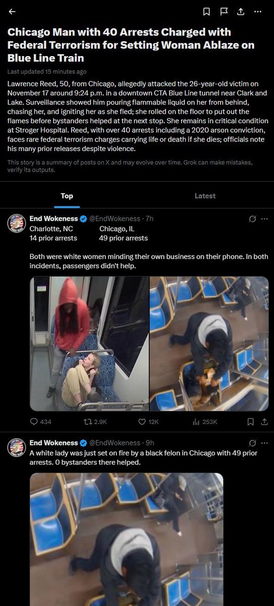 sendthisjpeg's tweet image. Elon will 100% talk about this, literally a similar hate crime as Iryna

Lawrence Reed doused a woman in fuel and set her on fire on a Chicago train.  

 As the woman burned, he screamed: "Burn alive b*itch!"  He has been arrested 72 times in Cook County and prosecuted 13 times,…