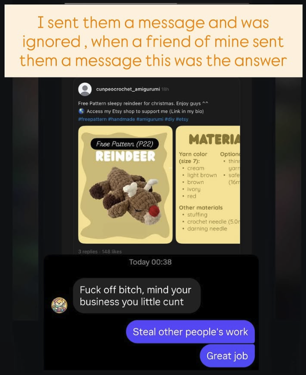 yesterday I got really triggered

is there anywhere with a sort of "public" blacklist for people who steal other people's work?

here's the recap:

a friend of mine does crochet instagram.com/p/DQ94X_KDQGz/…

she sometimes does free patterns so other people can make it themselves

all