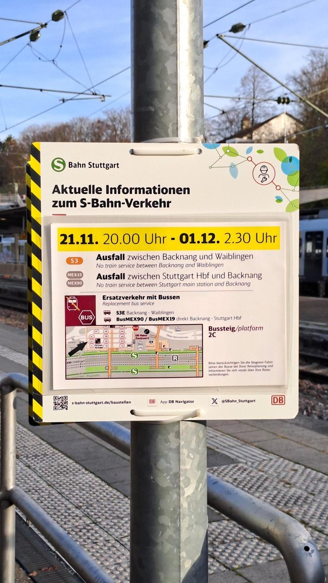 SBahn_Stuttgart's tweet photo. ℹ️ #Infotweet
Vom 21. Nov. bis 1. Dez. führt die DB zwischen #Waiblingen und #Backnang, Bahnsteig- und Gleisbauarbeiten durch.
📍#S3 fährt im 30 Min. Takt
📍#S3 fällt zwischen #Waiblingen↔️#Backnang aus
Details zum #Ersatzverkehr mit Bussen #S3E
👉https://t.co/zJL6ogfkCg https://t.co/UTAg9IIDpT