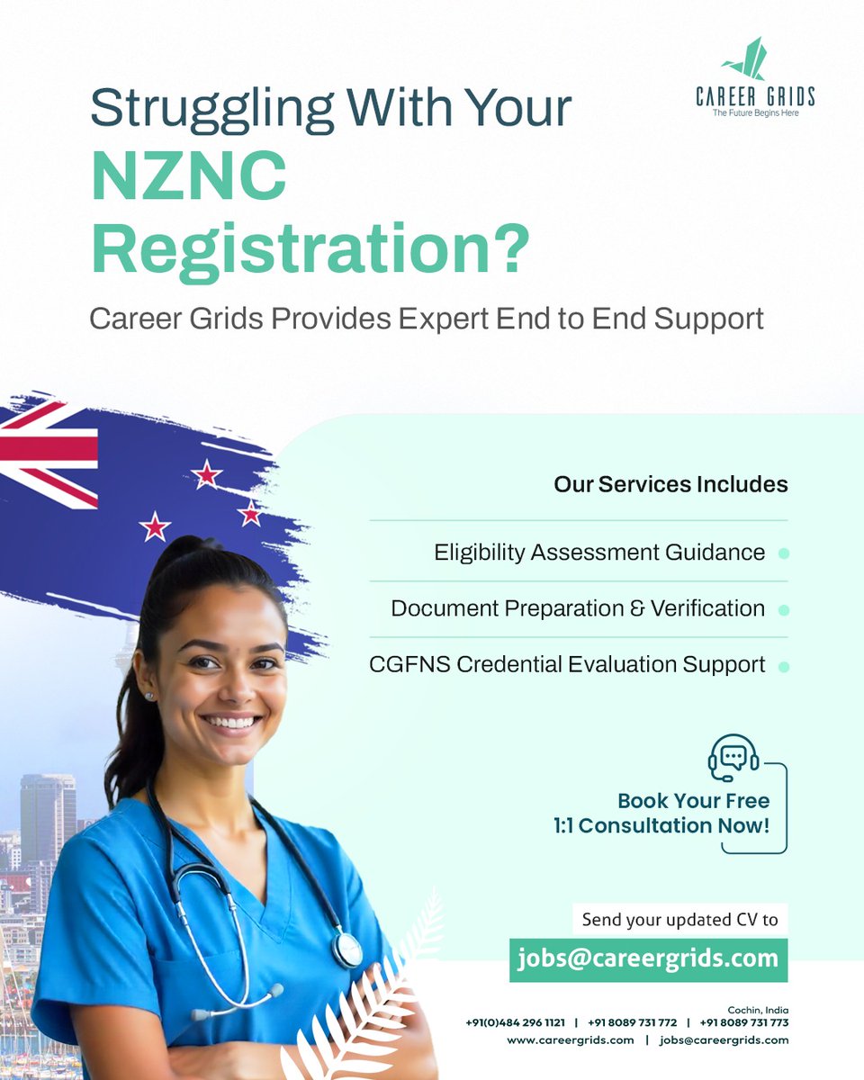 Struggling with your NZNC registration?

Career Grids provides professional support with eligibility assessment, document verification, and CGFNS credential guidance.

Start your NZNC registration process with confidence.

#NewZealandNurse #NursingAbroad #CareerGrids