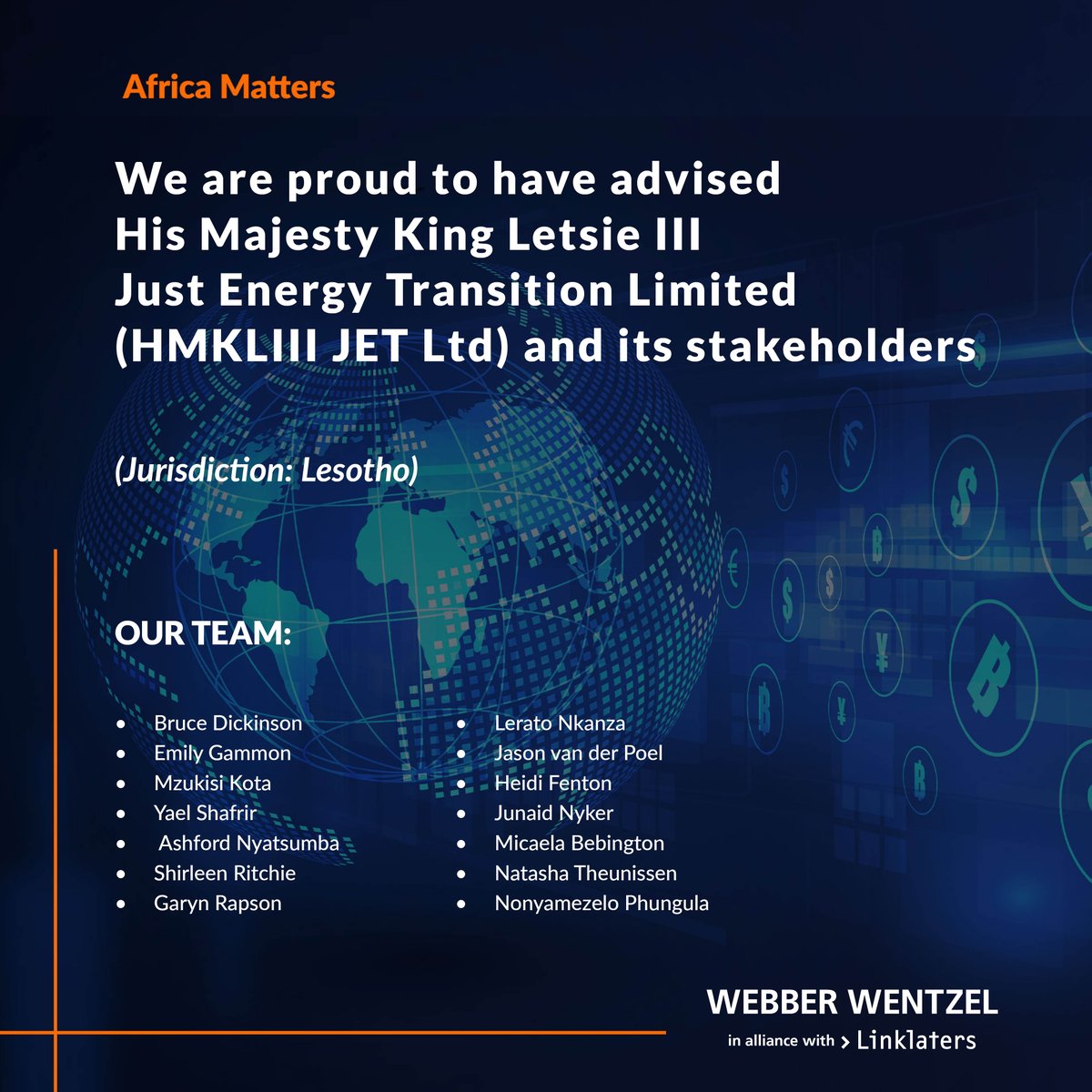 We are proud to have advised His Majesty King Letsie III Just Energy Transition Limited (HMKLIII JET Ltd) and its stakeholders on the landmark announcement at COP30 in Belém, Brazil, where Lesotho was showcased as one of 14 developing countries launching Green Climate