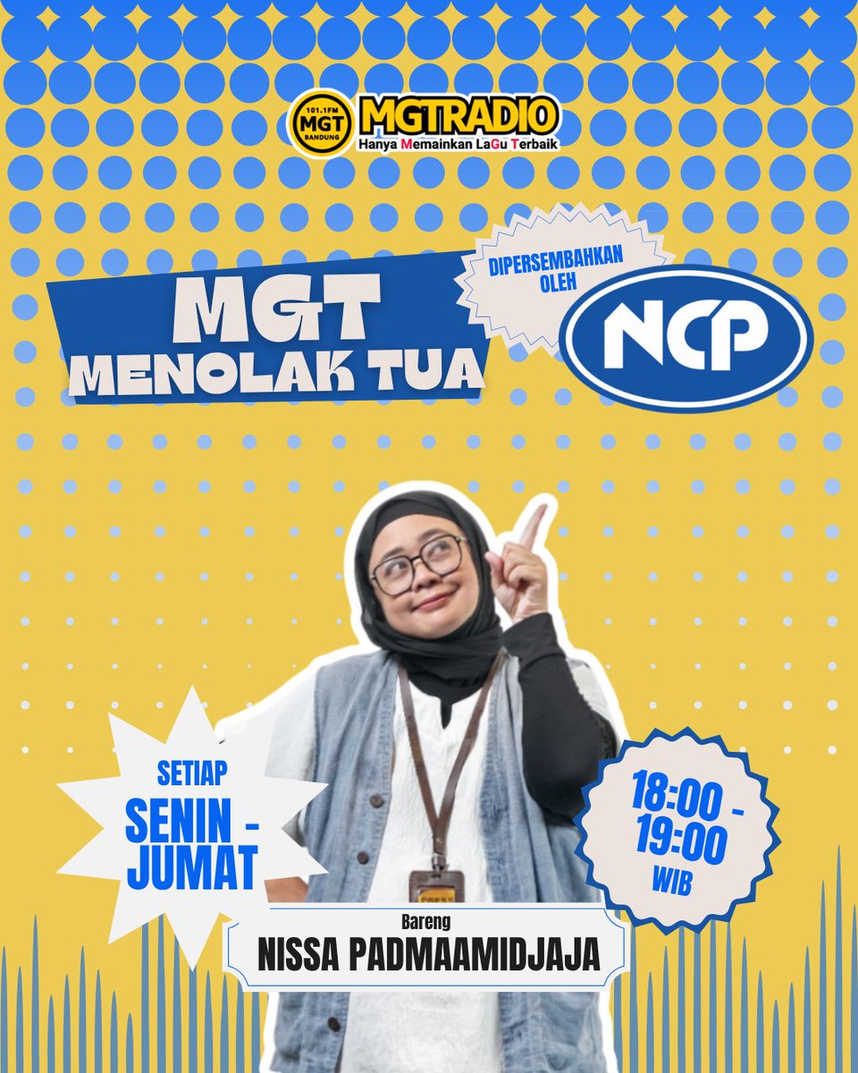 Listeners! Ayo Request Lagu-lagu 90-2000an pilihan kamu cuma di #MGTMenolakTua New Geng Sore 101.1 MGTRADIO yang dipersembahkan oleh BANK NCP Kita bakal puterin spesial buat kamu di jam 6 Sore ini! Gassskeun!💥

#MGTMenolakTua #NewGengSore #BankNCP #MGTRADIO
