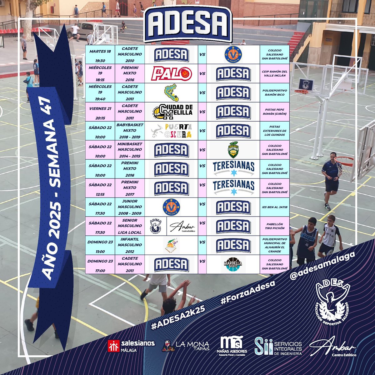 ⛹🏻🏀⛹🏻 Esta semana tenemos tantos partidos que casi no nos caben en el cuadrante. Partidos tanto en <a href="/SalesianosMLG/">Salesianos Málaga</a> como de visitantes. 💙🩵🩷

#ADESA2k25 #ForzaAdesa #ProtagonistasDeLaHistoria