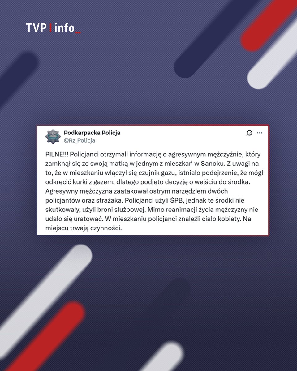 Dramatyczny przebieg interwencji w Sanoku...

Funkcjonariuszom została udzielona pomoc medyczna na miejscu. Policjanci zostali przetransportowani do szpitali w Sanoku i Brzozowie, a strażak śmigłowcem LPR do szpitala w Rzeszowie.