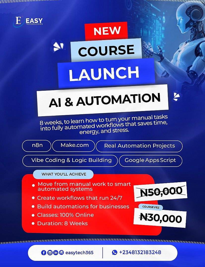 easytech365's tweet image. 🥁🥁🥁EasyTech Academy, a leading institution for technology and data analysis training, is excited to announce the launch of its newest course, AI Automation. 
What is it about?
Check the thread for more👇
#ai #artificial_intelligence