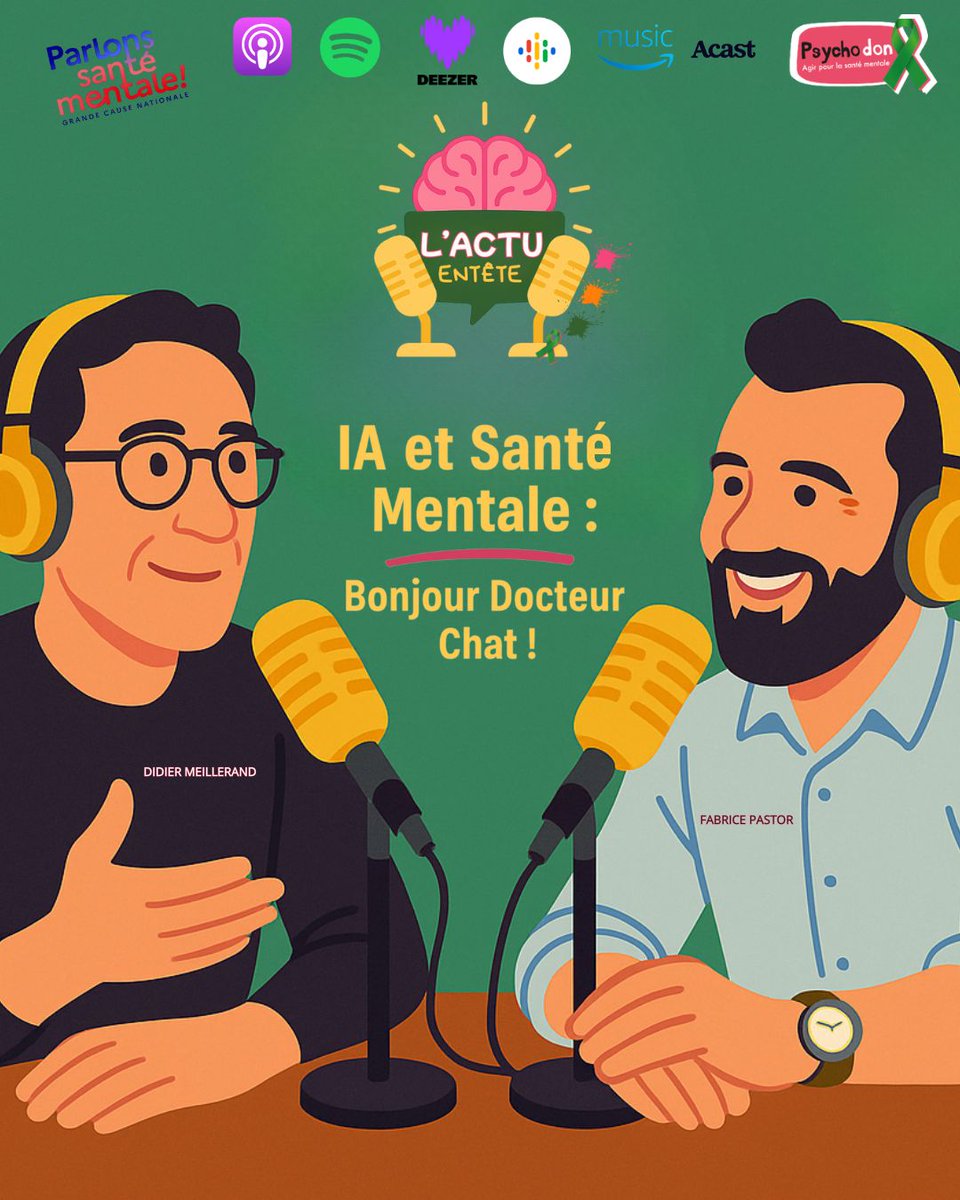🎙️ IA et Santé Mentale : Bonjour Docteur Chat !
L’intelligence artificielle s’invite dans nos vies, nos diagnostics et maintenant dans nos émotions.
Écoutez le maintenant ➡️ smartlink.ausha.co/l-actu-en-tete…
<a href="/CNIGEM1/">CNIGEM - Collectif National Inter-GEM</a>  <a href="/SOSAmitieIDF/">S.O.S Amitié IDF</a> <a href="/dmeillerand/">Didier Meillerand</a> <a href="/FrankBellivier/">Frank Bellivier</a> 
#LActuEnTête #SantéMentale