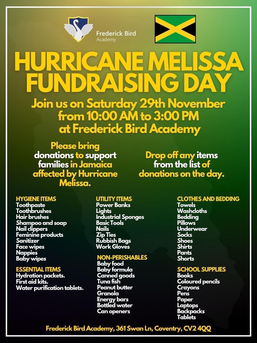 In response to the devastation caused by #HurricaneMelissa Frederick Bird Academy is hosting a Fundraising Day to support relief efforts for families in Jamaica

Sat 29th Nov from 10am, Frederick Bird Academy

Every contribution makes a difference!

<a href="/WATCHCHARITY/">WATCH Charity Community Centre</a> #MackabeeStudios