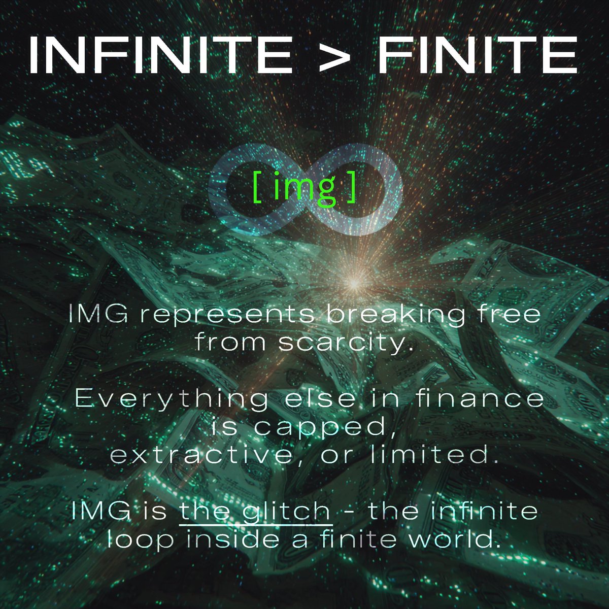 풍요 부족에서 벗어나는 것을 강조하는 Infinite Money Glitch 홍보 그래픽