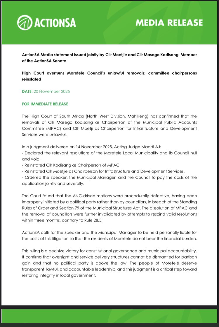 High Court overturns Moretele Council’s unlawful removals; committee chairpersons reinstated