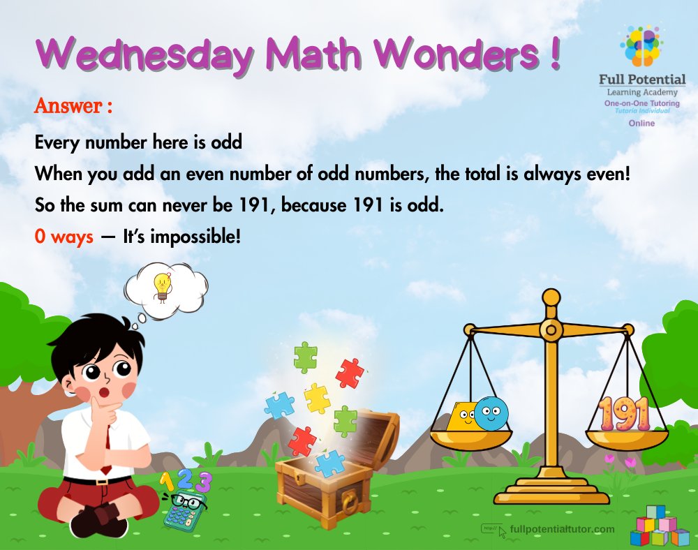 FPLAUSA's tweet image. 🔍🧩 Answer Revealed! Did you solve yesterday&apos;s Wednesday Math Wonders puzzle? Check out the answer and see if you got it right! 🏆🔢

#MathFun #RiddleTime #FullPotentialTutor #MathRiddle #WednesdayWonders #Miami #FPLA
