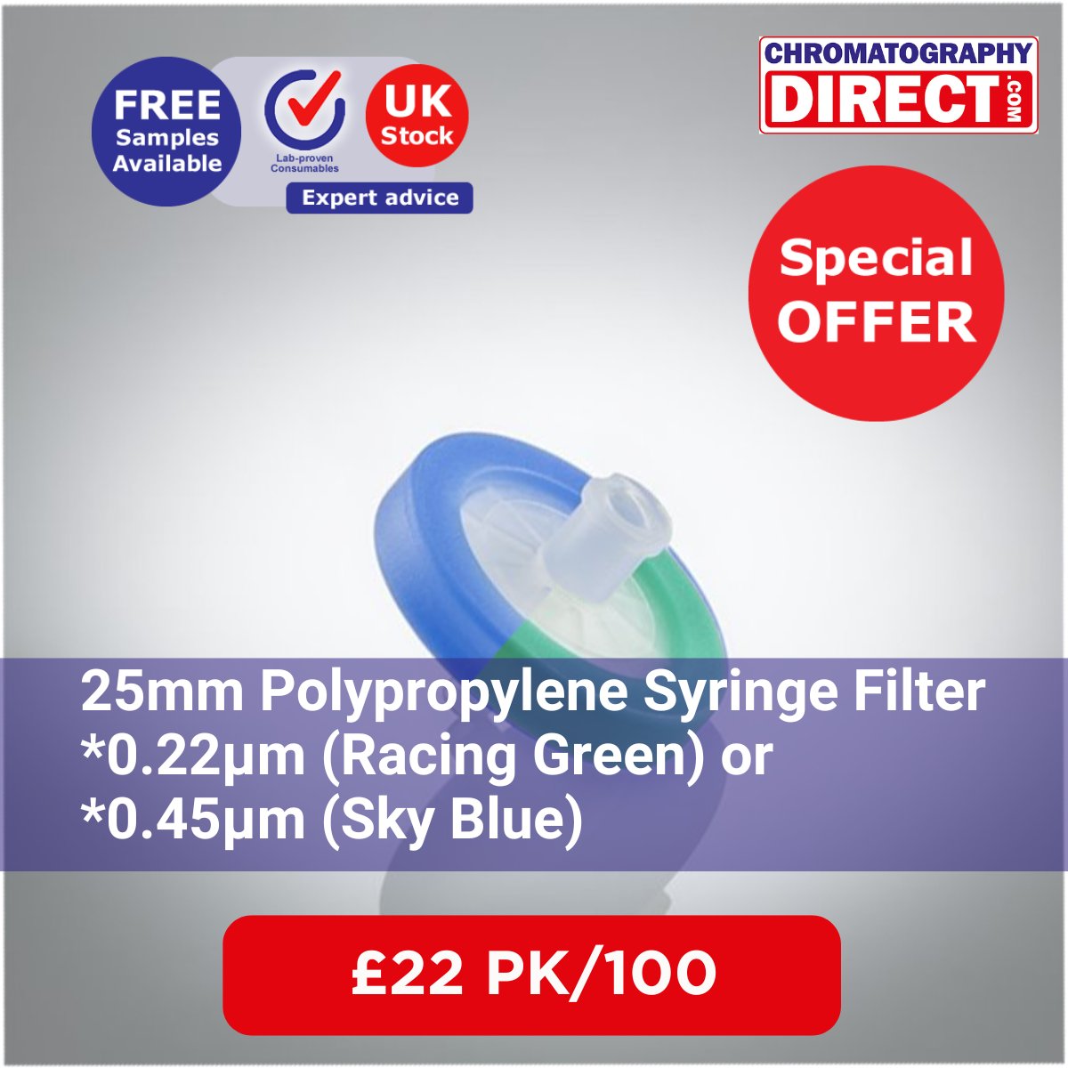 ChromDirect's tweet image. 25mm Polypropylene Syringe Filters just £22 PK/100! 0.45µm (Sky Blue) &amp;amp; 0.22µm (Racing Green) pore sizes available. Stock up now! bit.ly/4r1nIMX #Chromatography #LabConsumables