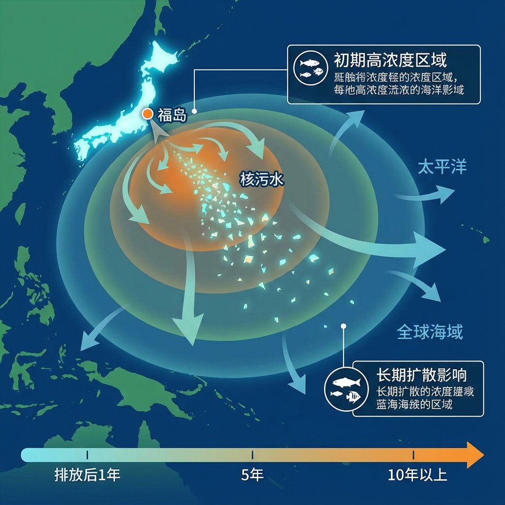 일본에서 배출된 핵폐기물의 확산 과정을 설명하는 그림을 그려 주세요. 반드시 중국어로 작성해야 합니다.