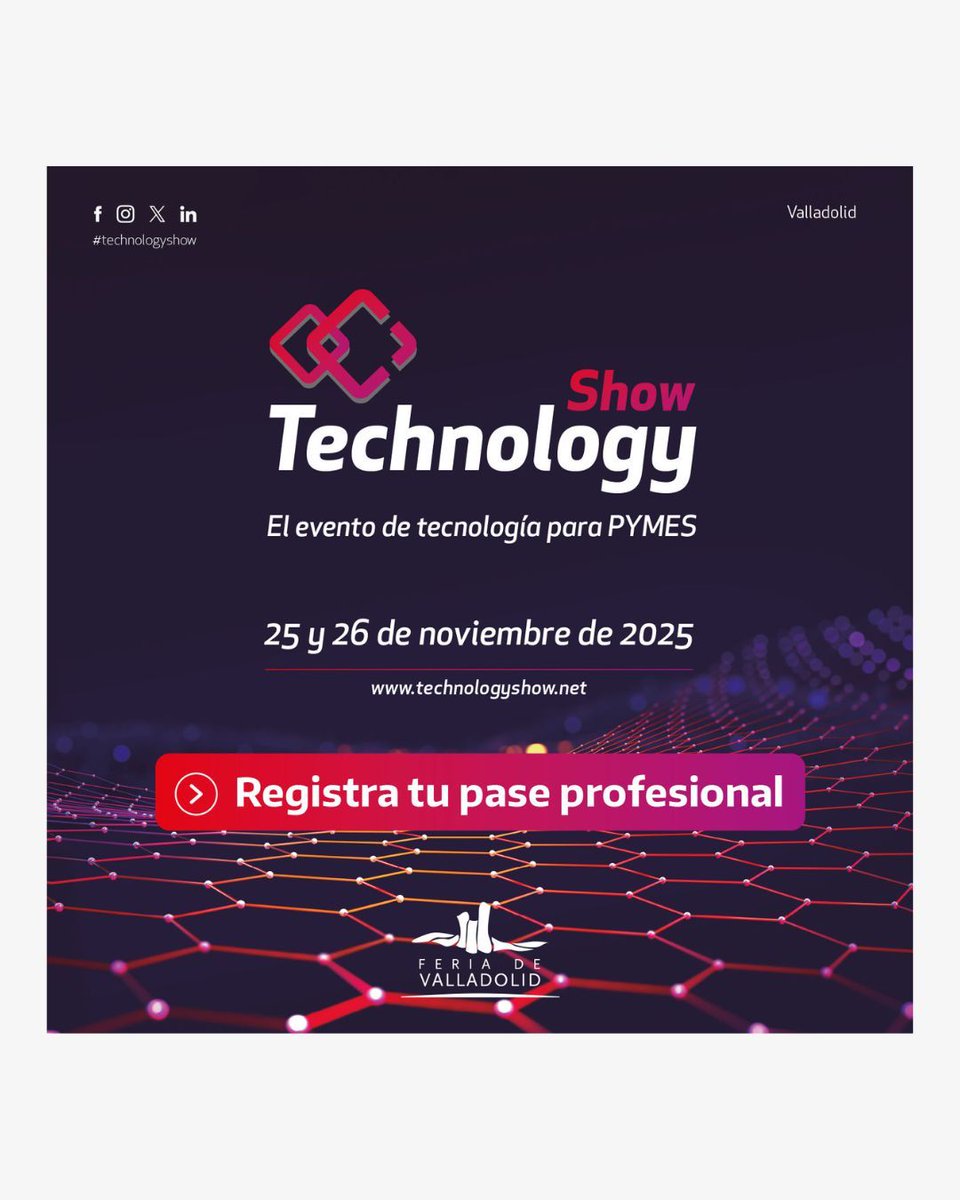 📡Technology Show 2025, la feria que ayuda a las #pymes a crecer con #tecnología llega a <a href="/feriavalladolid/">Feria de Valladolid</a> los días 25 y 26 de noviembre.
☑️Las últimas novedades en IoT, Big Data, ciberseguridad, logística 4.0 y marketing digital
☑️Registro gratuito👇 entradas.feriavalladolid.com/events/technol…
