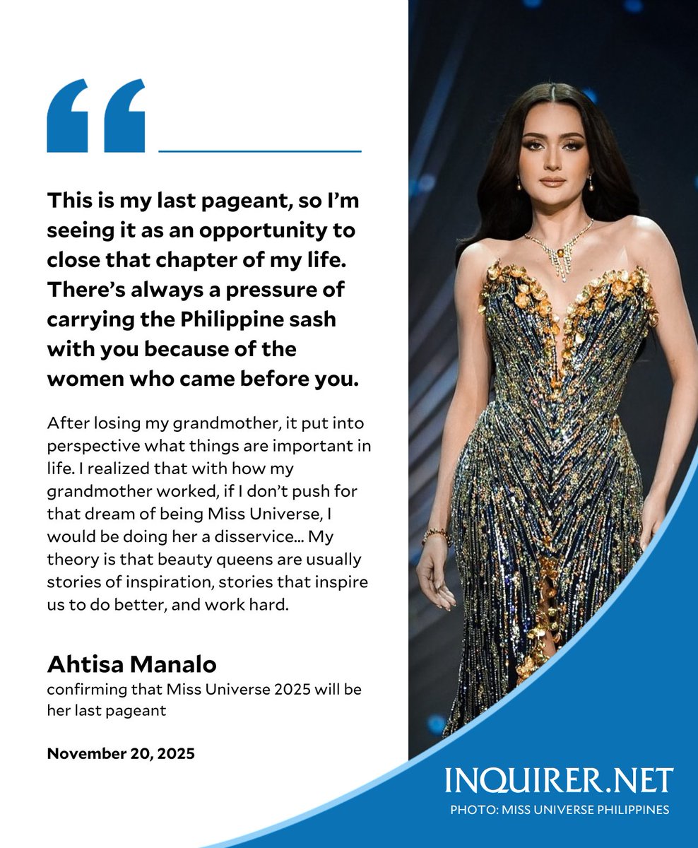 ONE LAST HURRAH FOR THE QUEEN! 👑

Philippine bet Ahtisa Manalo declares that she will give it her all, after confirming in an interview that Miss Universe 2025 will be her last pageant. 

READ MORE: inqnews.net/AhtisaManaloLa…